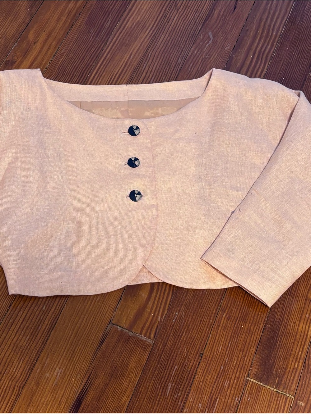 Vintage Cropped Light Peach Linen Jacket with Decorative Buttons